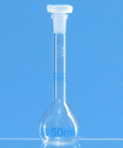 DAkks-test volumetric flask 100 ml, NS 14/23 with 3 marks, BLAUBRAND®, cl. A, Boro 3.3, PP stopper, for Dispensette®