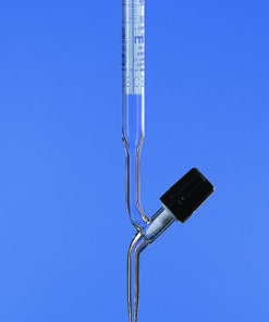 Burette 10:0,02 ml, straight valve cock PTFE BLAUBRAND, blue grad., class AS, Borosilicate 3.3, Schellbach stripes, with DAkkS certificate