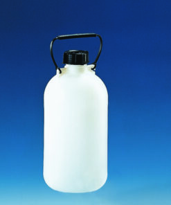 Storage bottle 5 l, PE-HD, narrow neck with screw cap and carrying handle, w/o stopcock, Ø 165mm, H 335mm, inner neck Ø 45mm