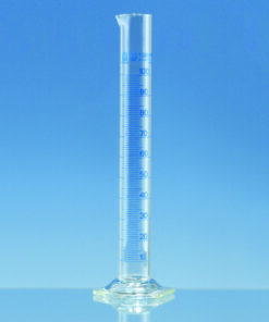 Measuring cylinder 100 ml, high form w.drain a.hexagonal base, BLAUBRAND, main point ring division, incl.DAkkS-certificate