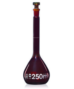 Volumetric flasks, USP, BLAUBRAND®, class A, DE-M, amber, 100 ml, NS 14/23, Boro 3.3, with glass stopper, USP individual certificate