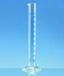 Measuring cylinder 25 ml, tall form with drain and hexagonal foot BLAUBRAND, main point-ring division, with single certificate,
