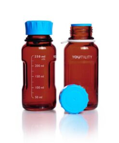 DWK Duran YOUTILITY Bottle 250 ml Amber, Graduated, GL 45, with Screw-Cap and Pouring Ring (PP), Pack of 4