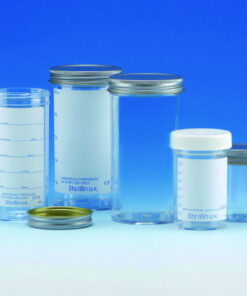 Sample containers 250 ml, PS with metal cap, plain label, sterile AS, pack of 50