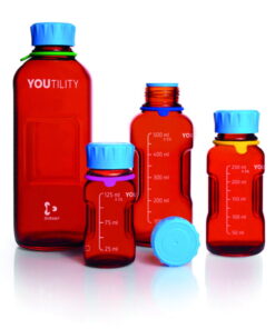 DWK Duran YOUTILITY Bottle 125 ml Amber, Graduated, GL 45, with Screw-Cap and Pouring Ring (PP), Pack of 4