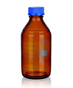 Bohemia Cristal Laboratory Thread Bottle, 100ml with Blue Cap and Effuse Ring, GL-45, Brown Coated, ISO 4796-1, Borosilicate Glass 3.3