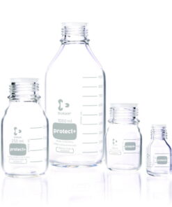 DWK Duran Laboratory Glass Bottle, GL 45, Clear, Plastic Coated (PA12), with Dust Cap, 500 mL