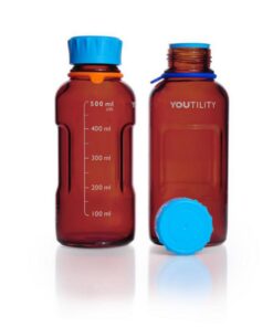 DWK Duran YOUTILITY Bottle 500 ml Amber, Graduated, GL 45, with Screw-Cap and Pouring Ring (PP), Pack of 4